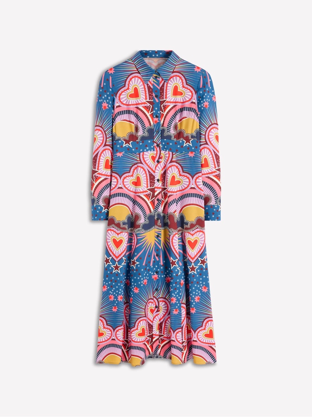 Boden Empire Hotched Shirt Dress Starburst Heart Print Midi US 4P Button Front - Picture 2 of 10